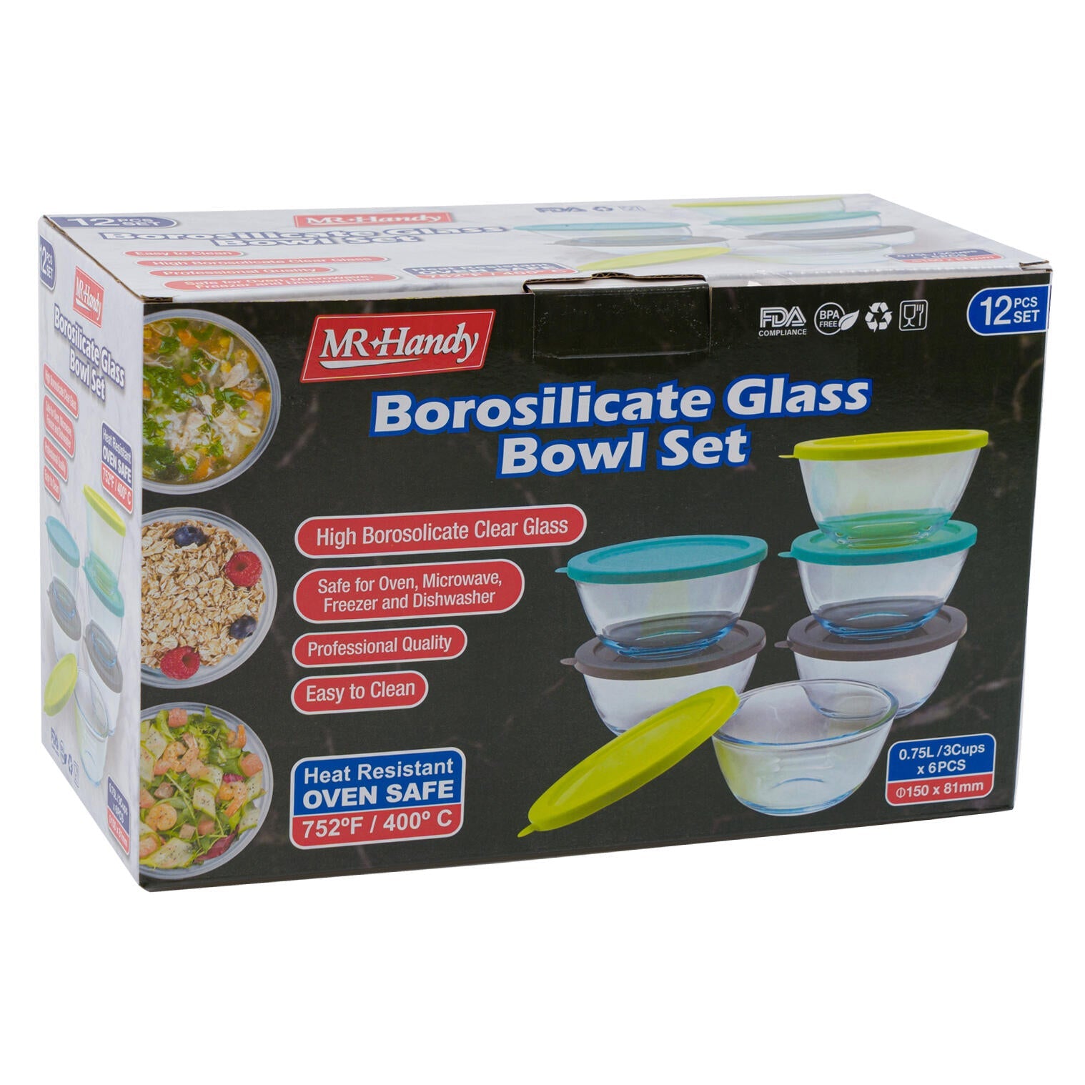 Mr. Handy Borosilicate Glass Bowl Set 12pc (Pieces=6)