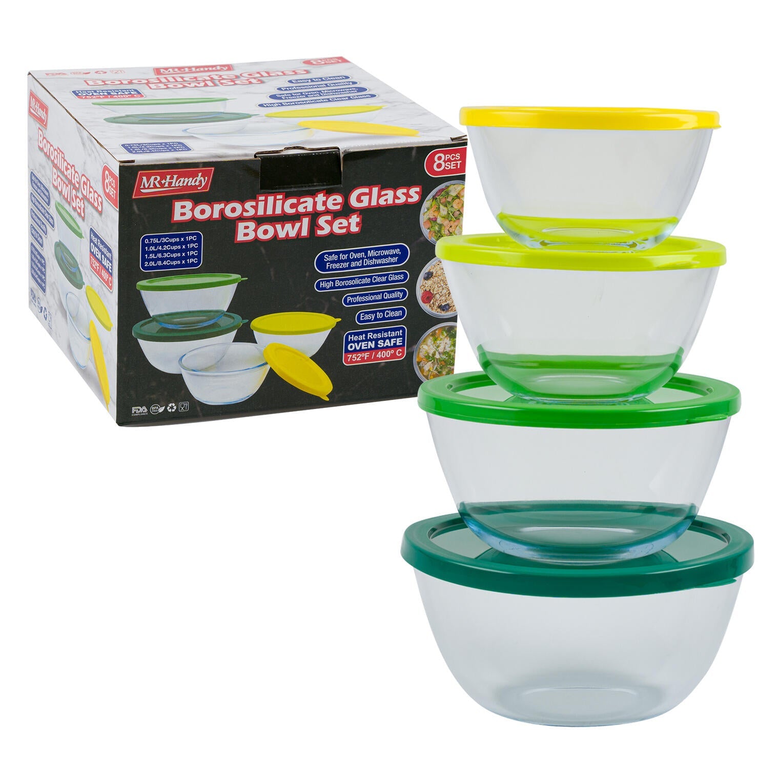 Mr. Handy Borosilicate Glass Bowl Set 8pc - Assorted (Pieces=6)